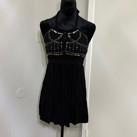 Ariella Tops - Ariella Black Halter Tank Top with Gold Accents
